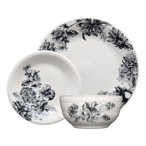 Botanical Floral Black Classic Bistro 3-Piece Dinnerware Set. Service For 1